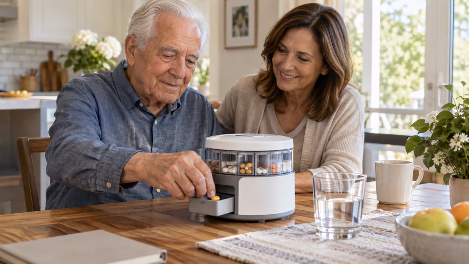 Two people using a tabletop medication dispenser at home
