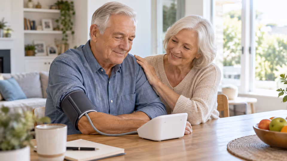 Two people using an upper-arm blood pressure monitor at home