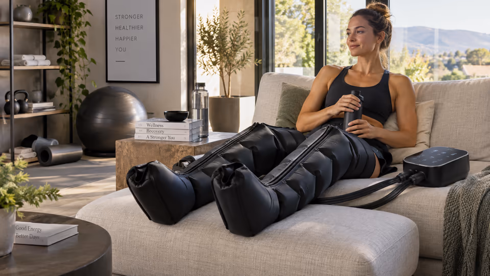 A person wearing leg devices while seated on a sofa