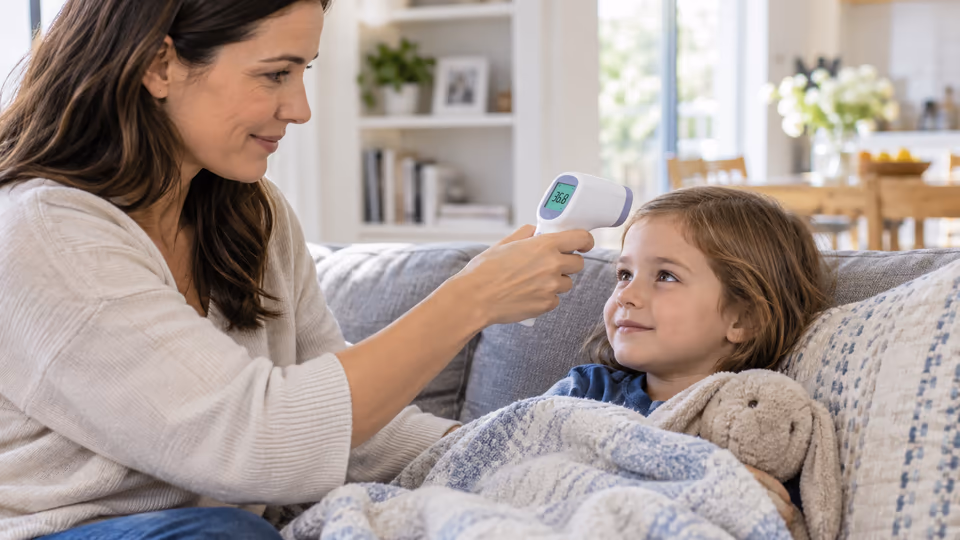 A woman using a forehead thermometer with a child at home