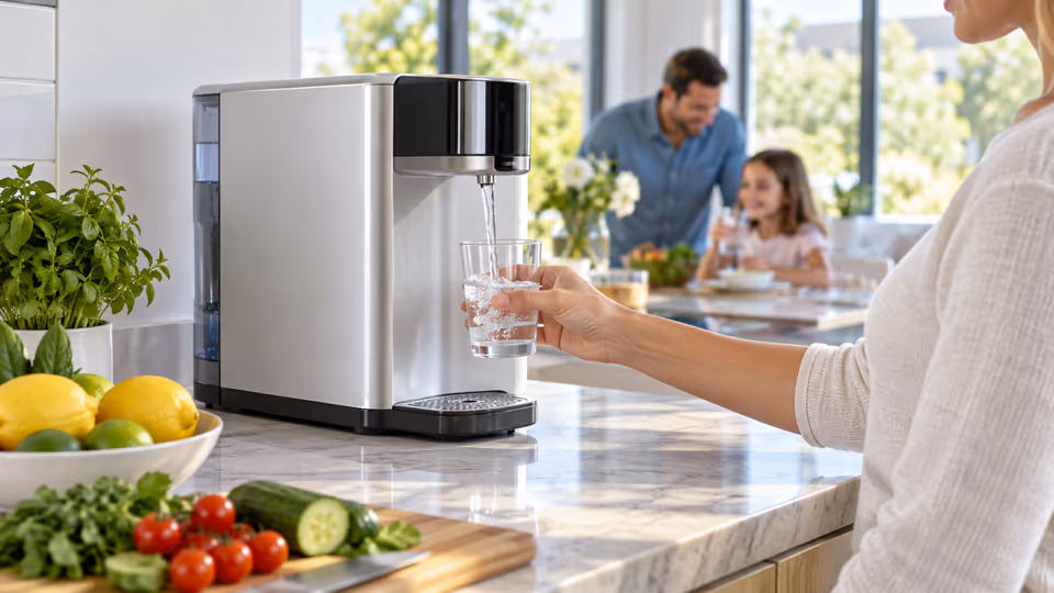 A person filling a glass from a countertop water appliance