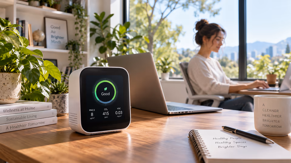An indoor monitoring device on a desk in a home workspace
