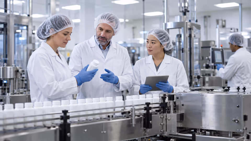 Manufacturing personnel reviewing a container beside a production line