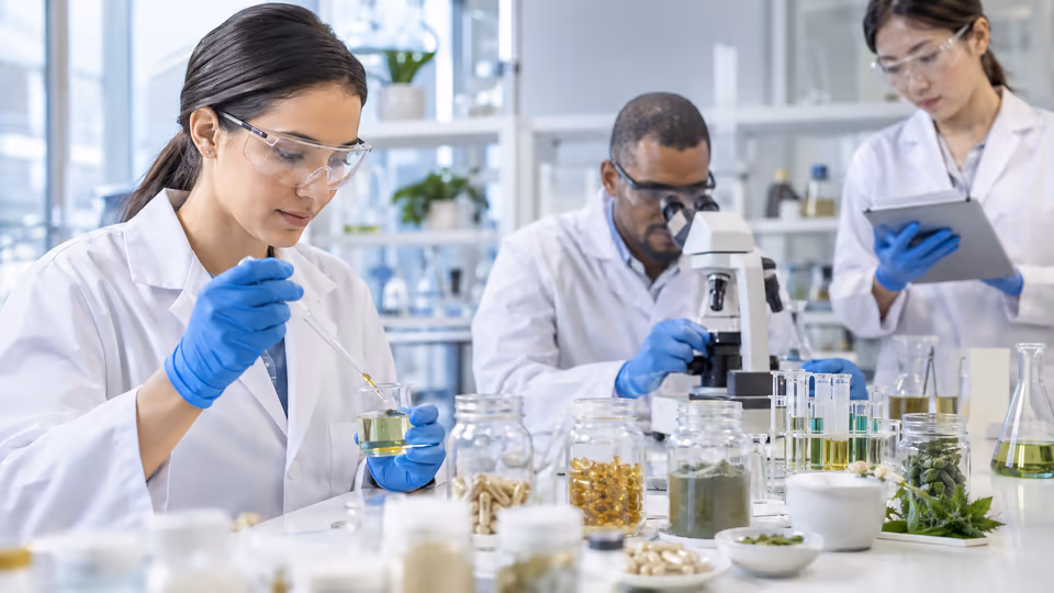 Researchers working with ingredients and laboratory instruments