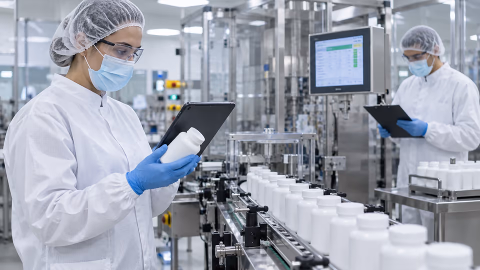 A manufacturing worker reviewing records beside production equipment