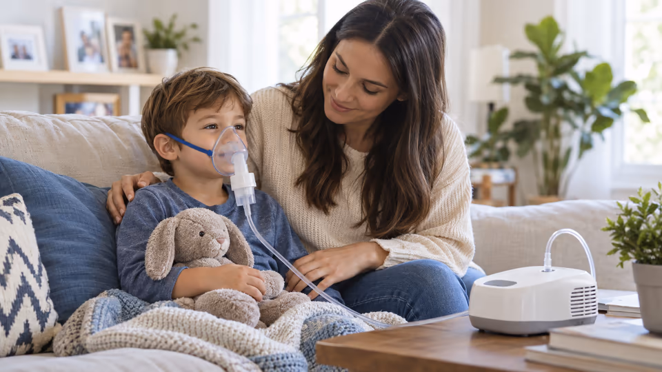 A child using a respiratory device with an adult nearby at home