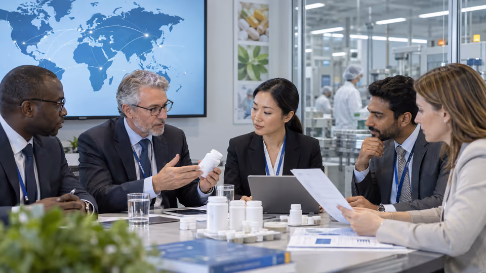 Industry professionals discussing products around a table